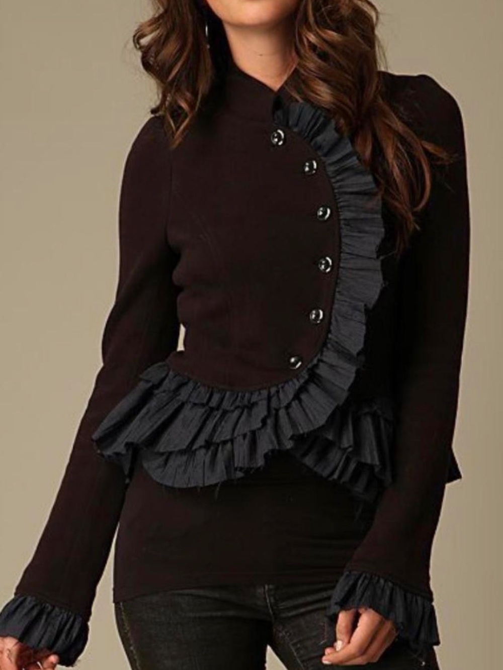 Free People Military Ruffle Jacket Ruffle Jacket in Black & Blue Size Small